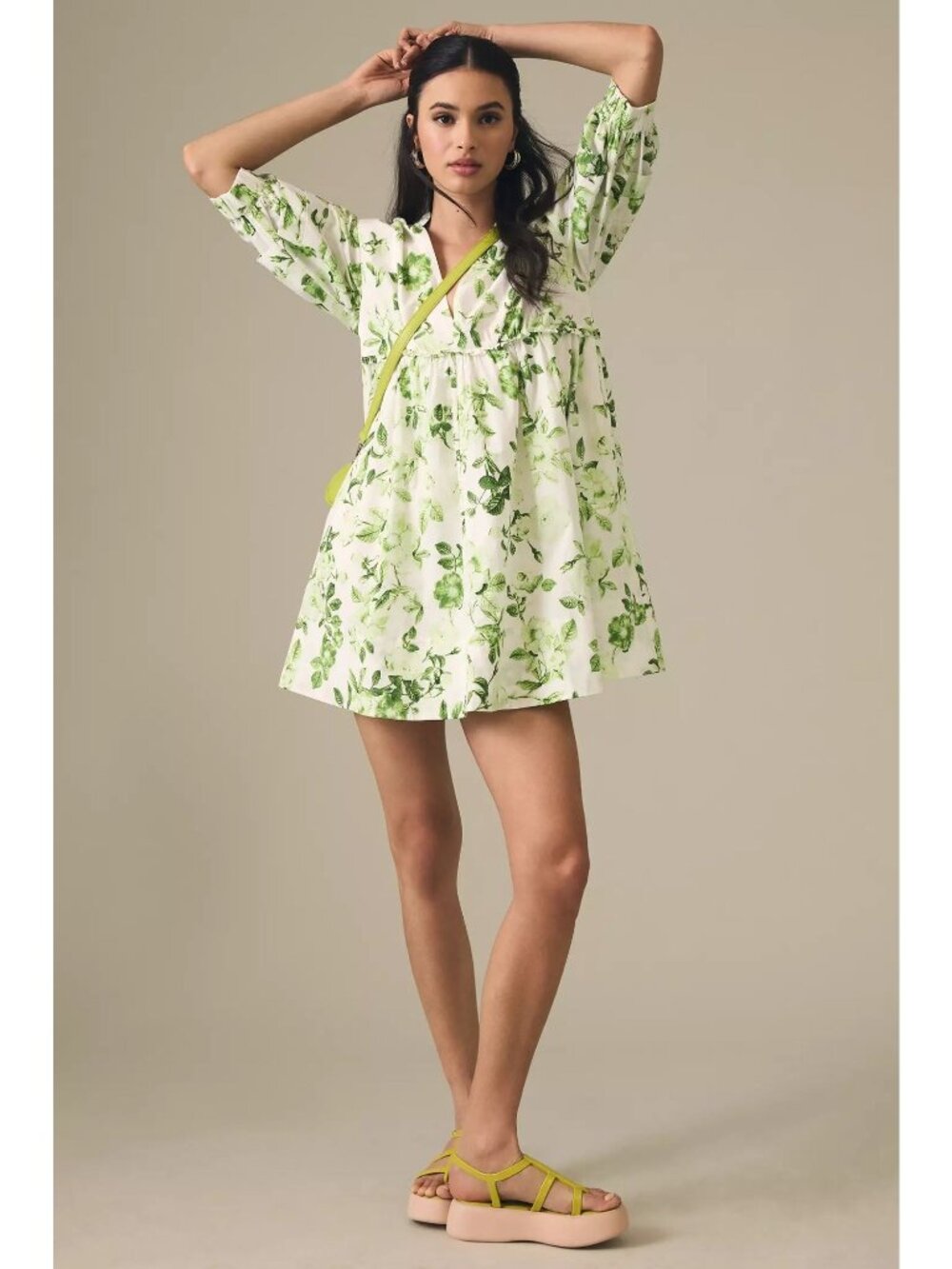 Maeve V-Neck Cotton Tunic Dress, Green Multi Floral, Size Large